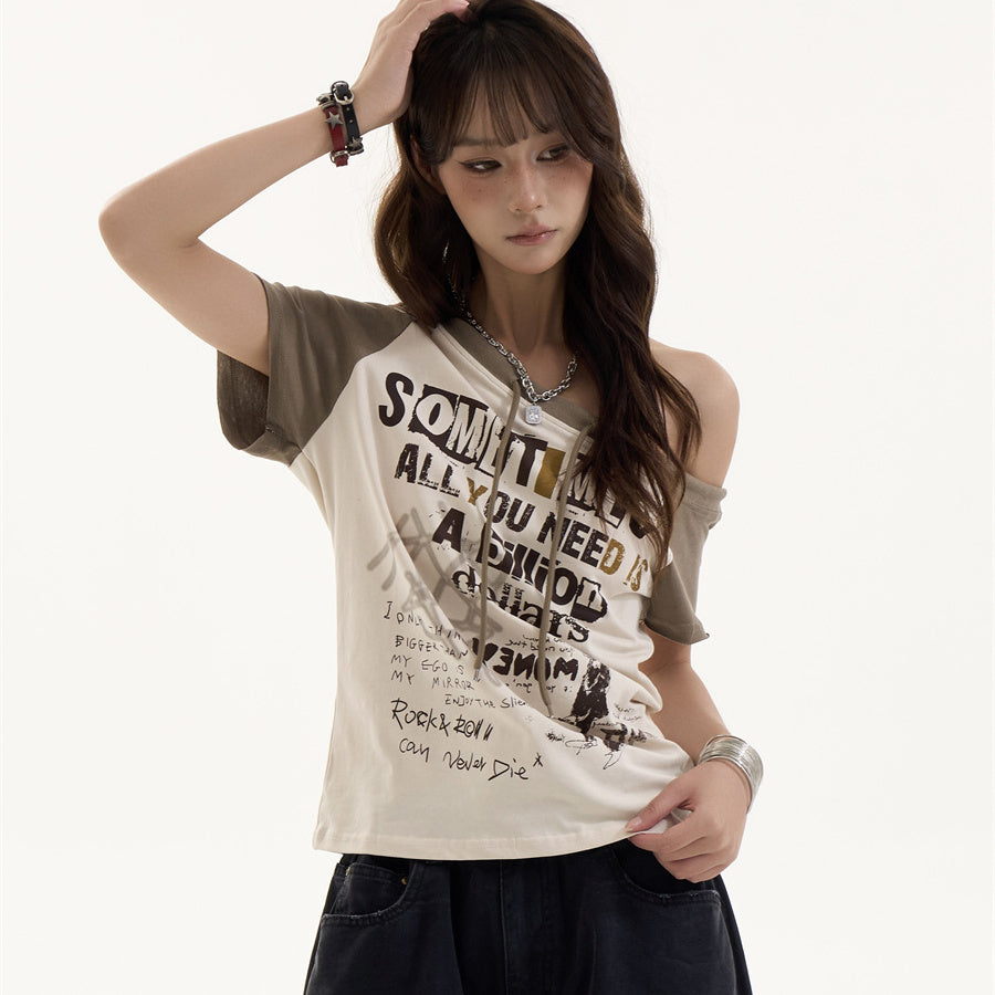 Female American Retro Spicy Girl Letter Slanted Shoulder Short Sleeved Shirt