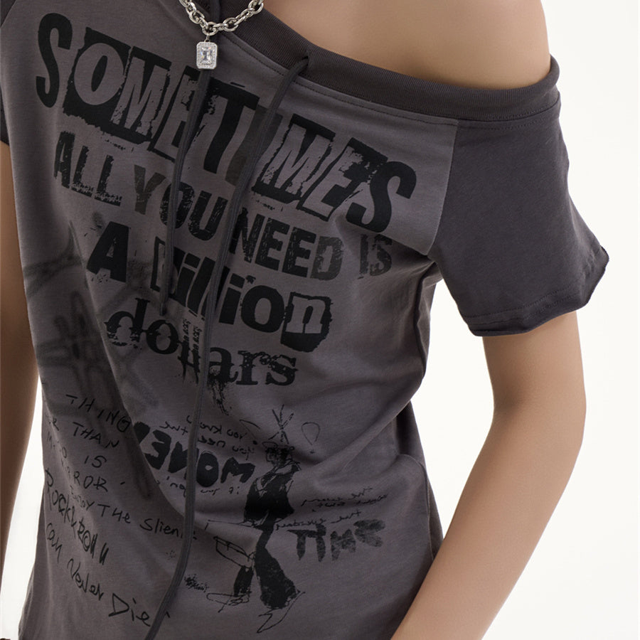 Female American Retro Spicy Girl Letter Slanted Shoulder Short Sleeved Shirt
