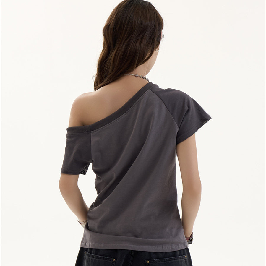 Female American Retro Spicy Girl Letter Slanted Shoulder Short Sleeved Shirt