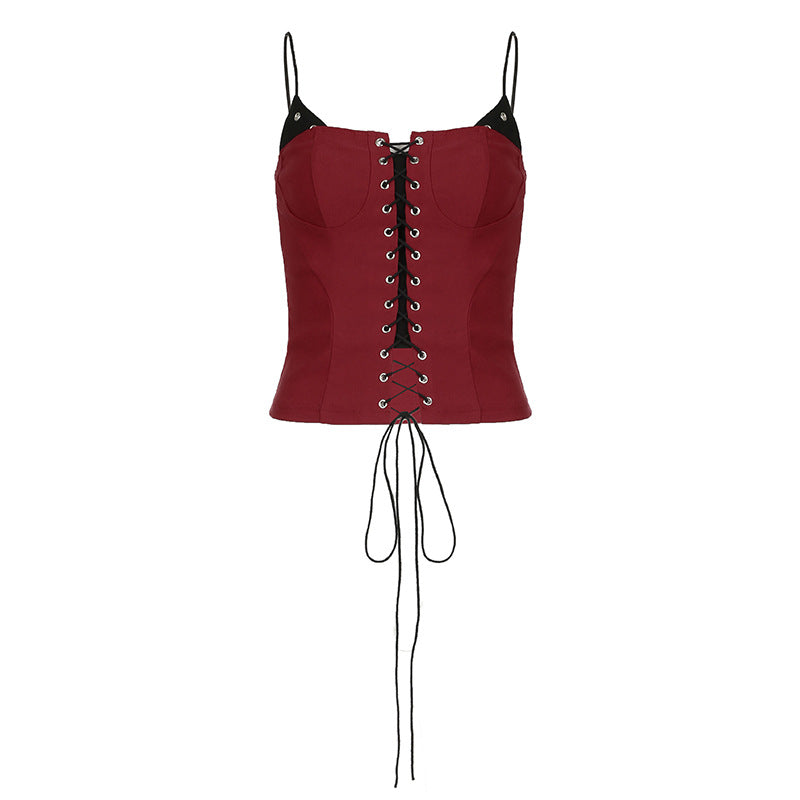 European And American Hot Girl Contrast Colors False-two-piece Woven Lace-up Waist-controlled Slimming Camisole