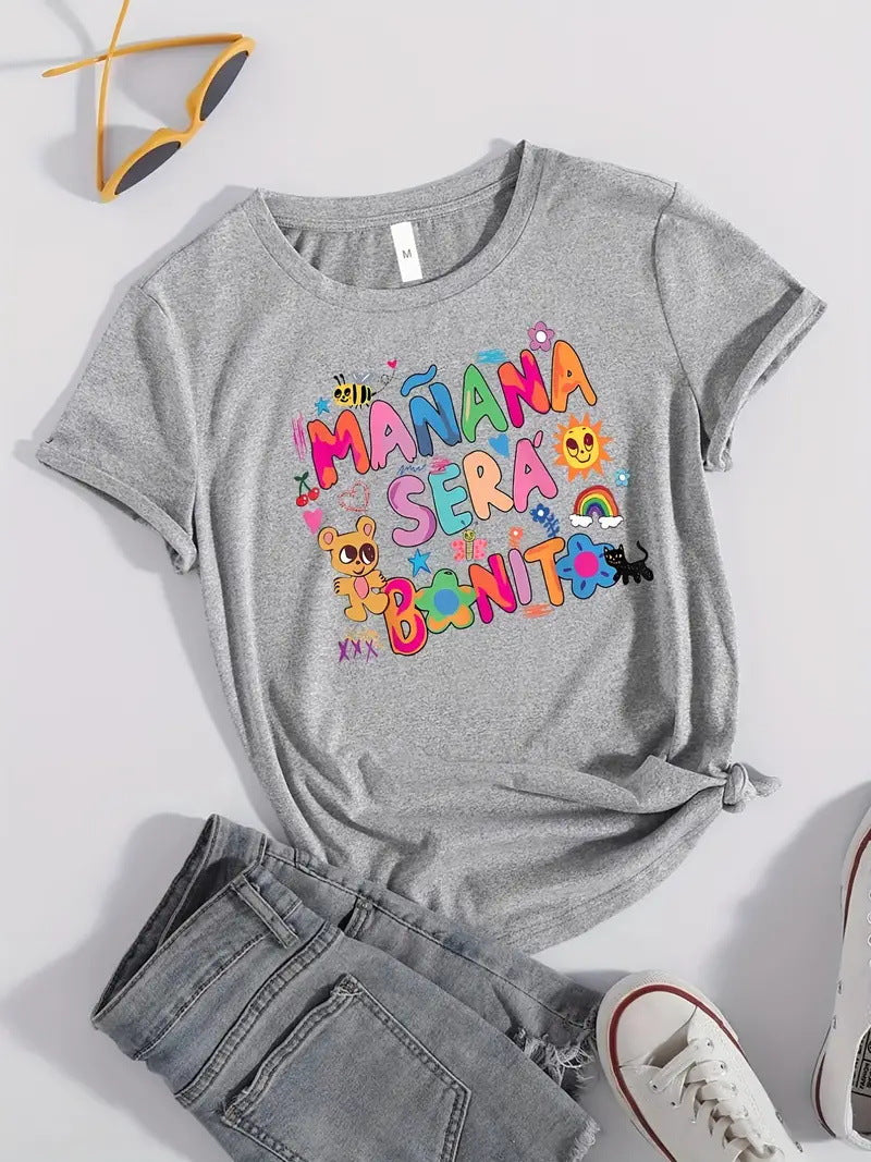 Round Neck Bear Letter Pattern Printed Short Sleeve