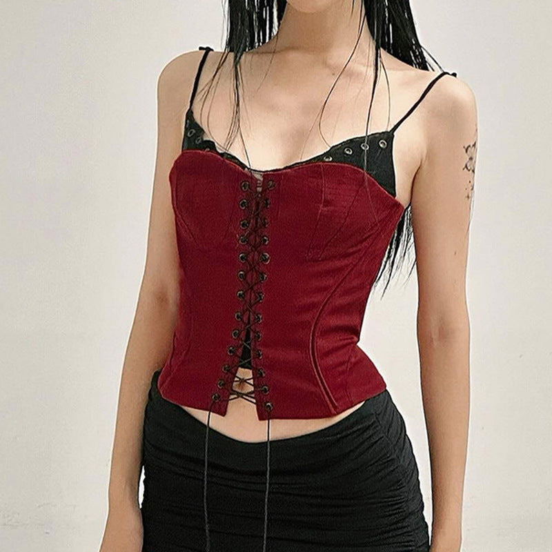 European And American Hot Girl Contrast Colors False-two-piece Woven Lace-up Waist-controlled Slimming Camisole