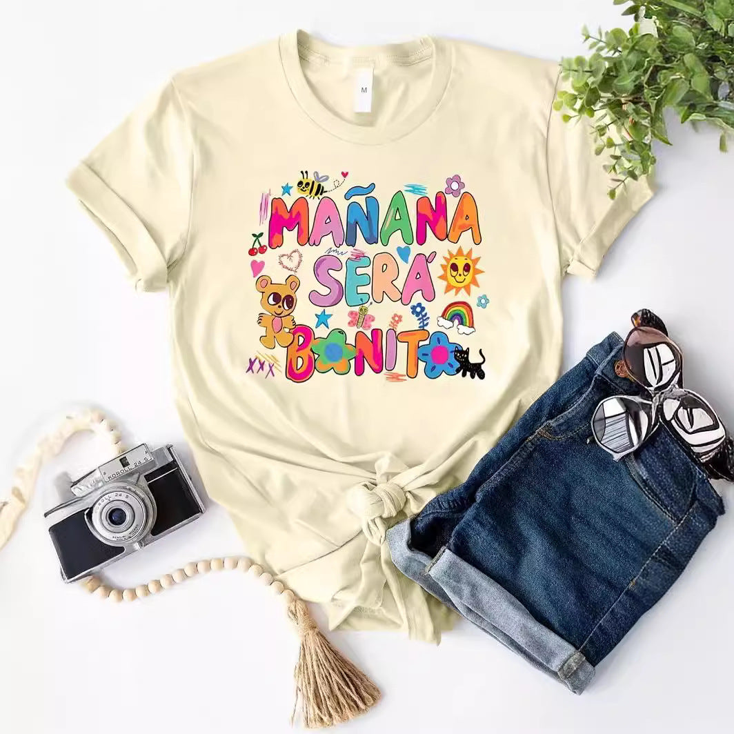 Round Neck Bear Letter Pattern Printed Short Sleeve