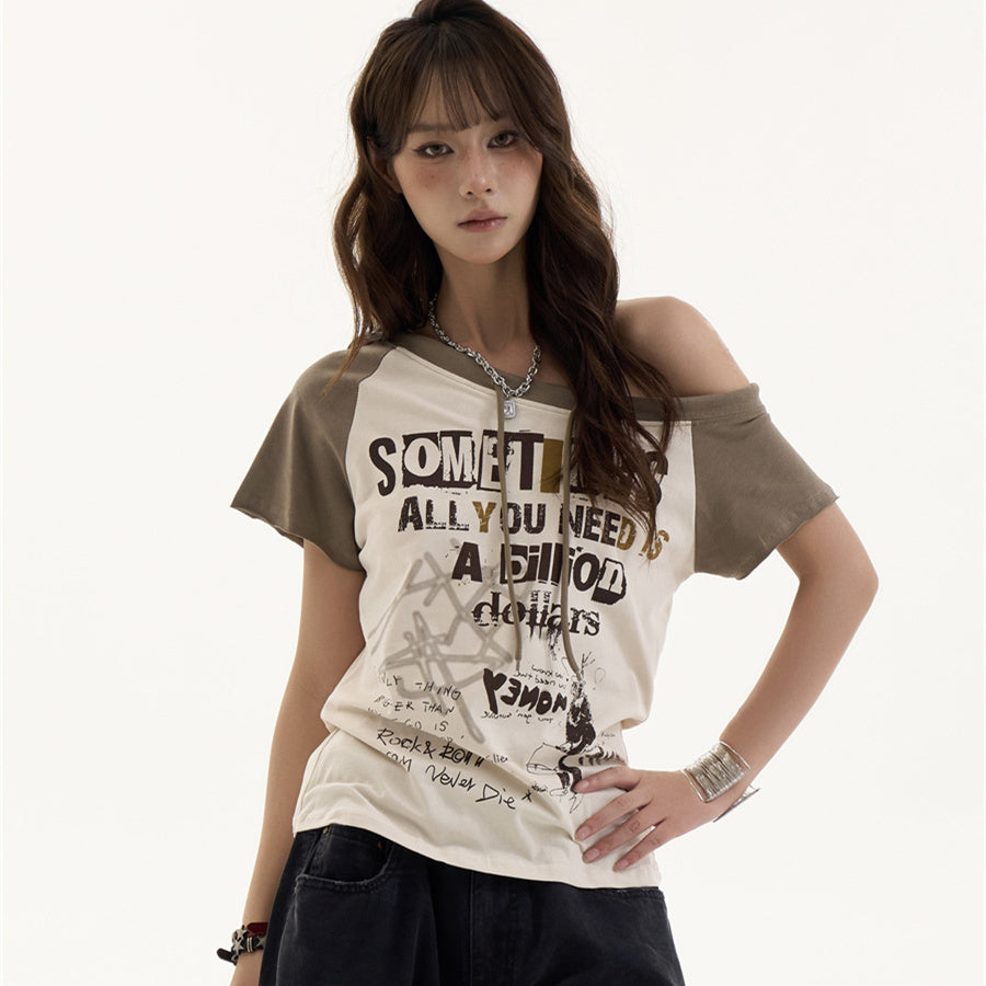 Female American Retro Spicy Girl Letter Slanted Shoulder Short Sleeved Shirt