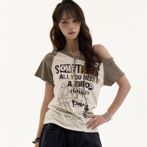 Female American Retro Spicy Girl Letter Slanted Shoulder Short Sleeved Shirt