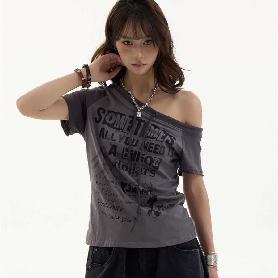 Female American Retro Spicy Girl Letter Slanted Shoulder Short Sleeved Shirt